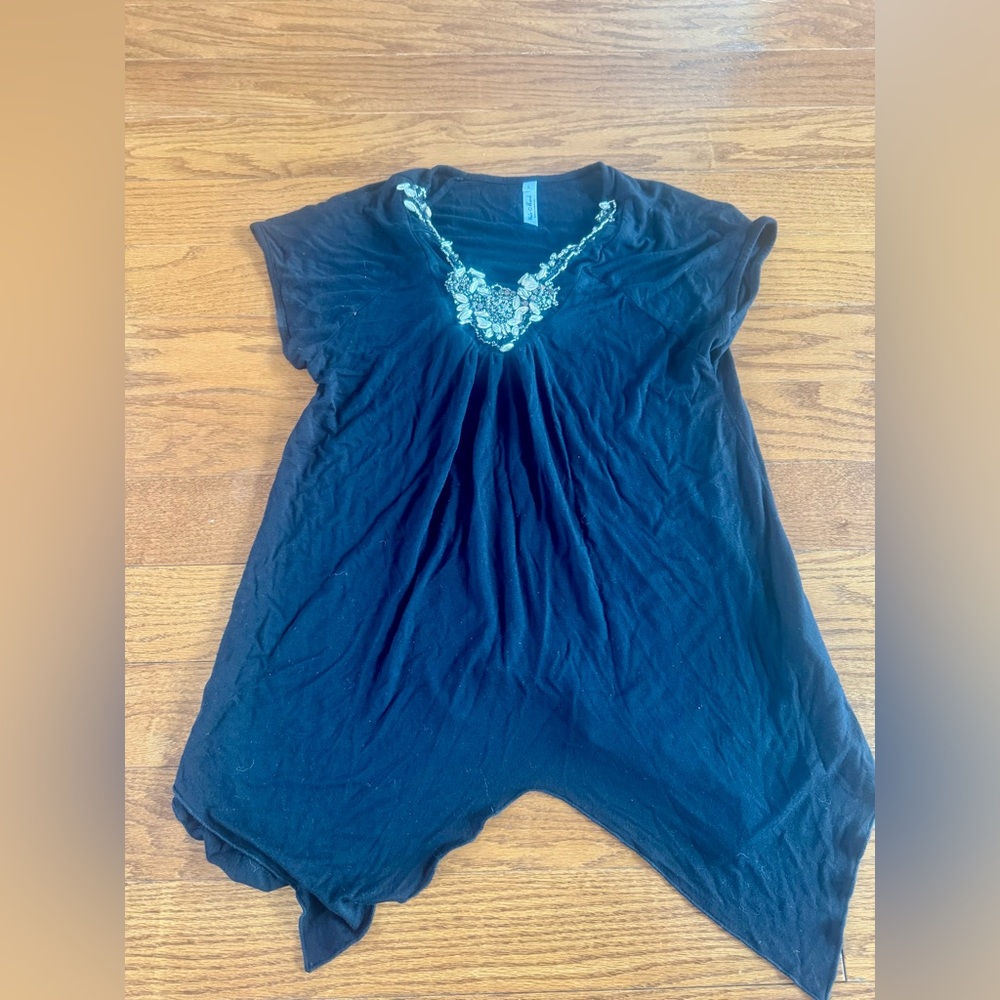 Black V-Neck Top with Embellished Detail (Size L) - Picture 1 of 2